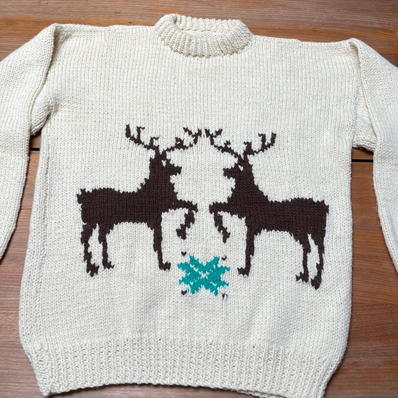 Vintage handmade deer Christmas/holiday ivory knit sweater - Picture 1 of 6